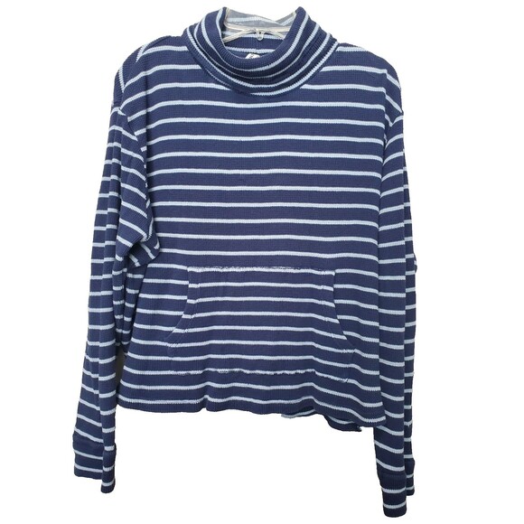 Pact Organic Cotton Blue Striped Cowl Neck Waffle-Knit Kangaroo Pocket Shirt XL - Picture 1 of 8